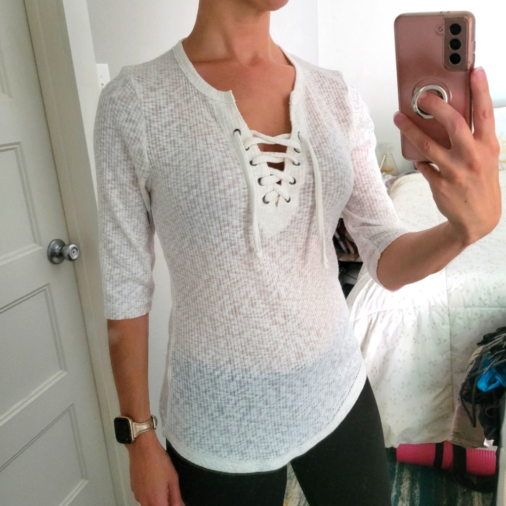 BKE half sleeve ribbed knit lace-up top - Picture 3 of 4